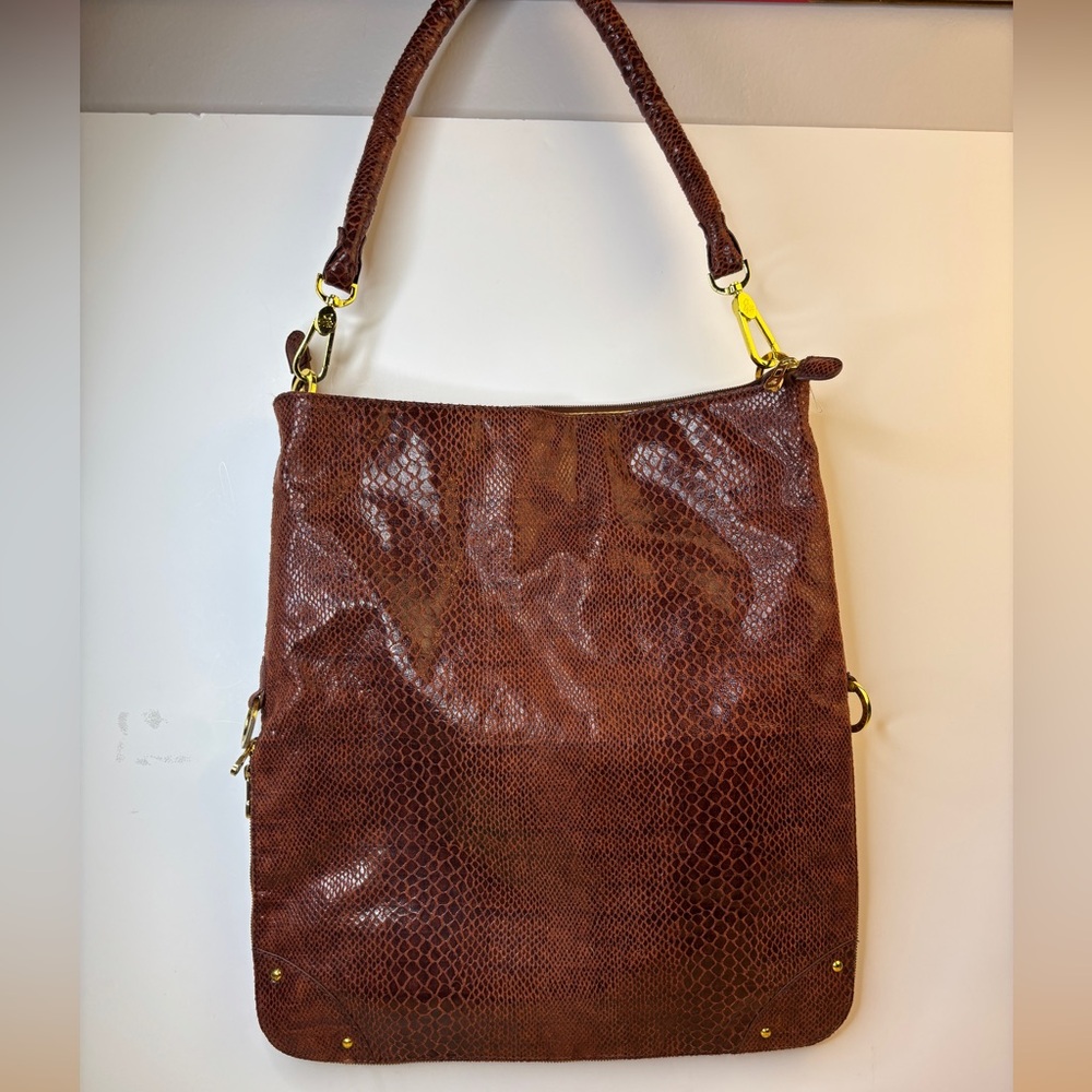 Vintage John Wanamaker Maroon Snakeskin Print Leather Tote w/Expansion Zipper